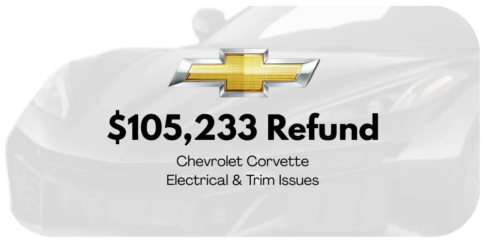 Chevrolet Corvette lemon law refund graphic: $105,233 for electrical and trim issues.