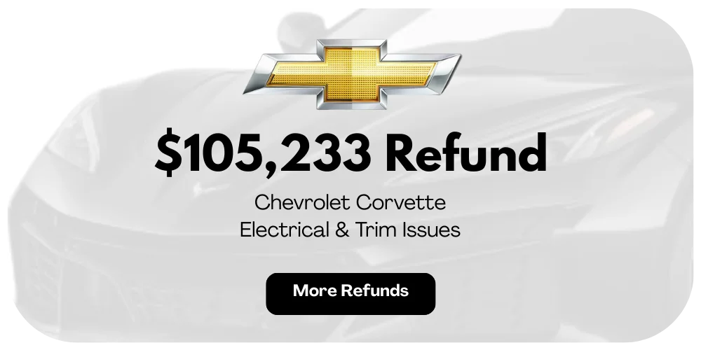 Chevrolet Corvette lemon law refund preview: $105,233 for electrical and trim issues.