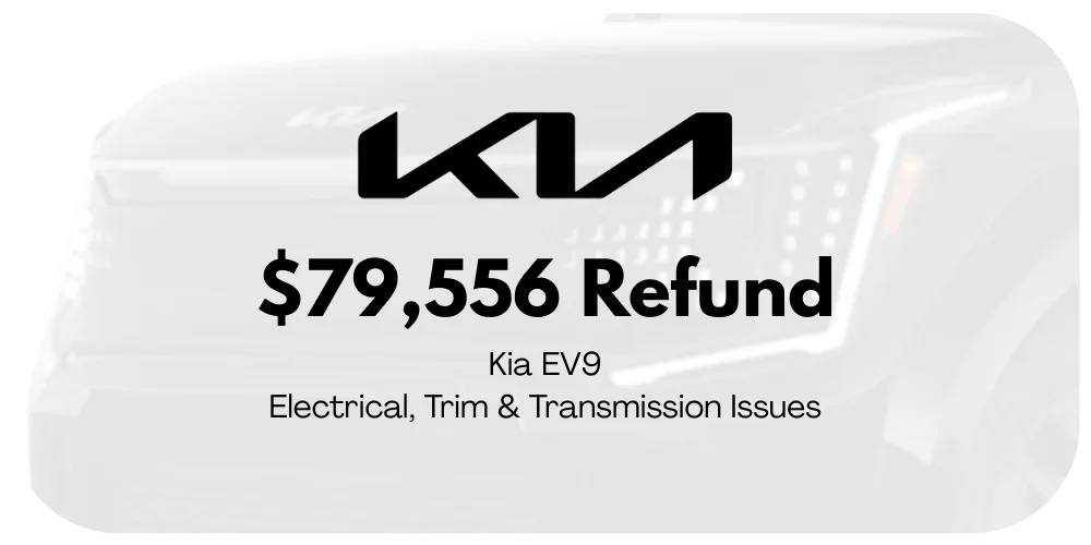 Kia EV9 lemon law refund graphic: $79,556 for electrical, trim, and transmission issues.