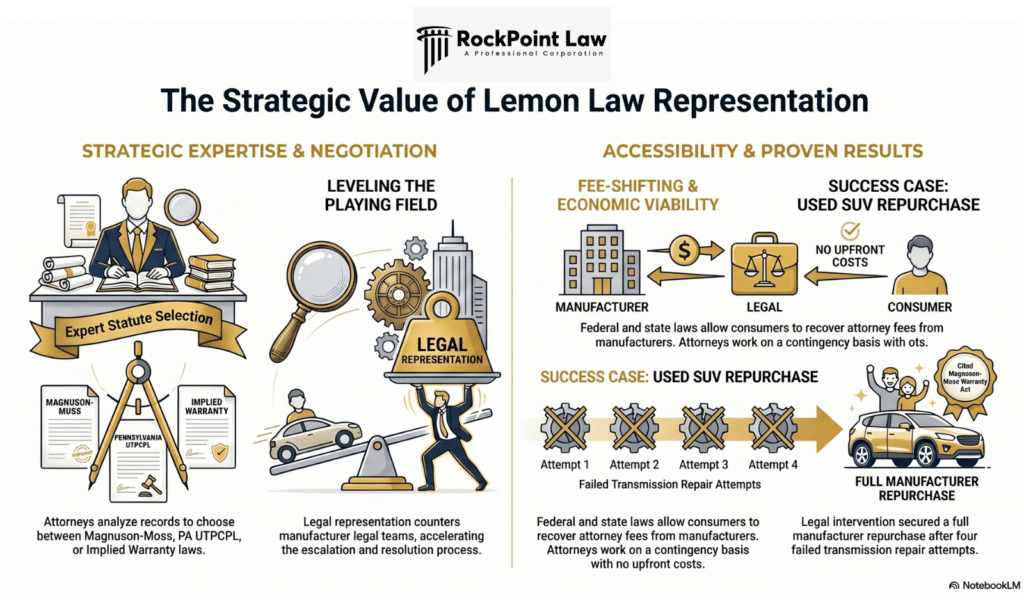 Attorney analyzing repair invoices and warranty documents for a lemon law case