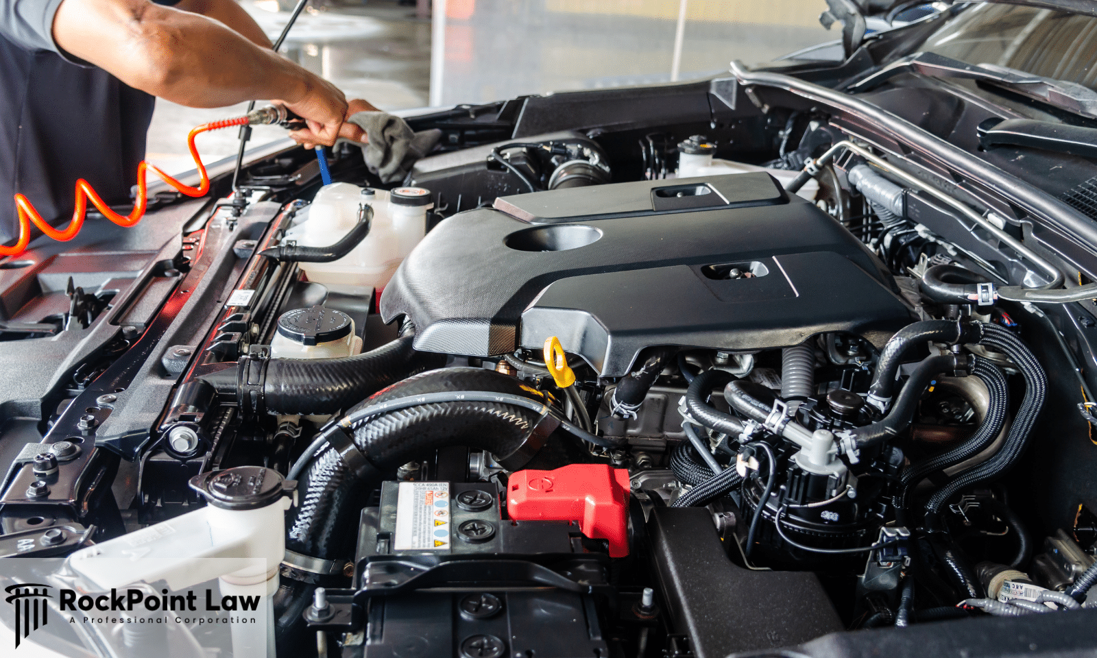 Mechanic inspecting the engine compartment of a Ram 1500 pickup truck