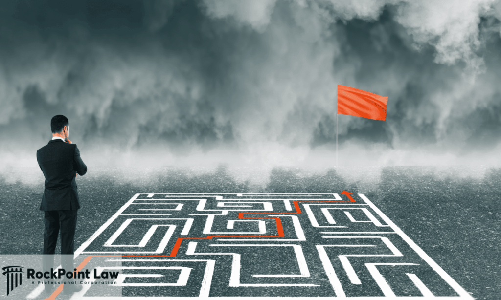Business professional evaluating a maze path toward a legal objective
