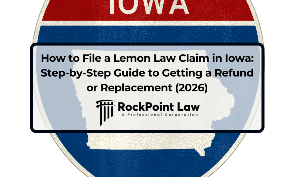 Featured graphic for an Iowa Lemon Law claim guide with an outline of Iowa and the title about filing a claim for a refund or replacement.