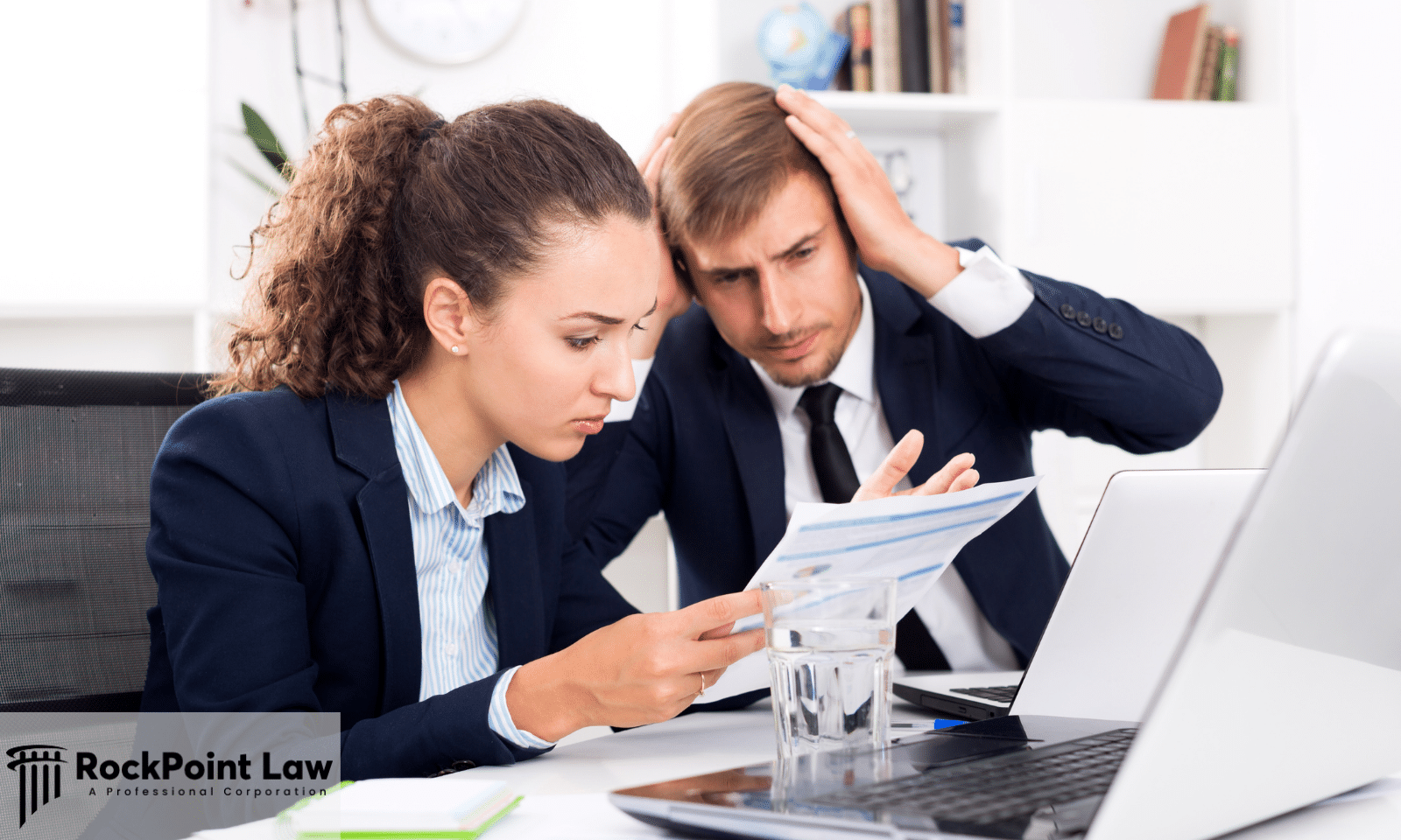Two concerned professionals review paperwork together at a desk beside a laptop, appearing stressed while examining important financial or legal documents.