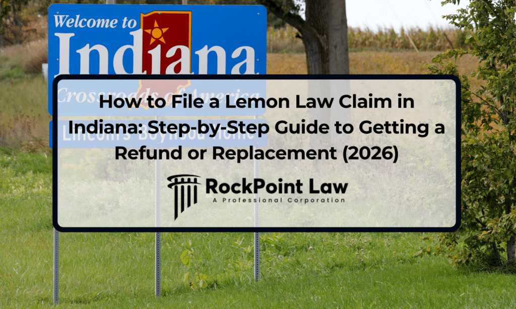 Welcome to Indiana state sign with text overlay about filing an Indiana lemon law claim and obtaining a vehicle refund or replacement.