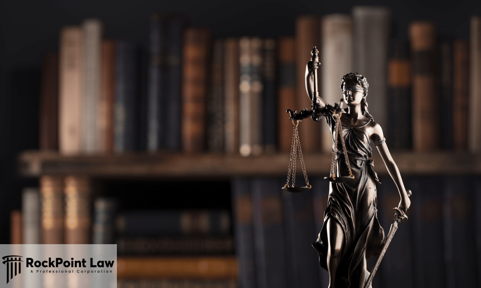 Statue of Lady Justice holding scales and a sword in front of a legal library