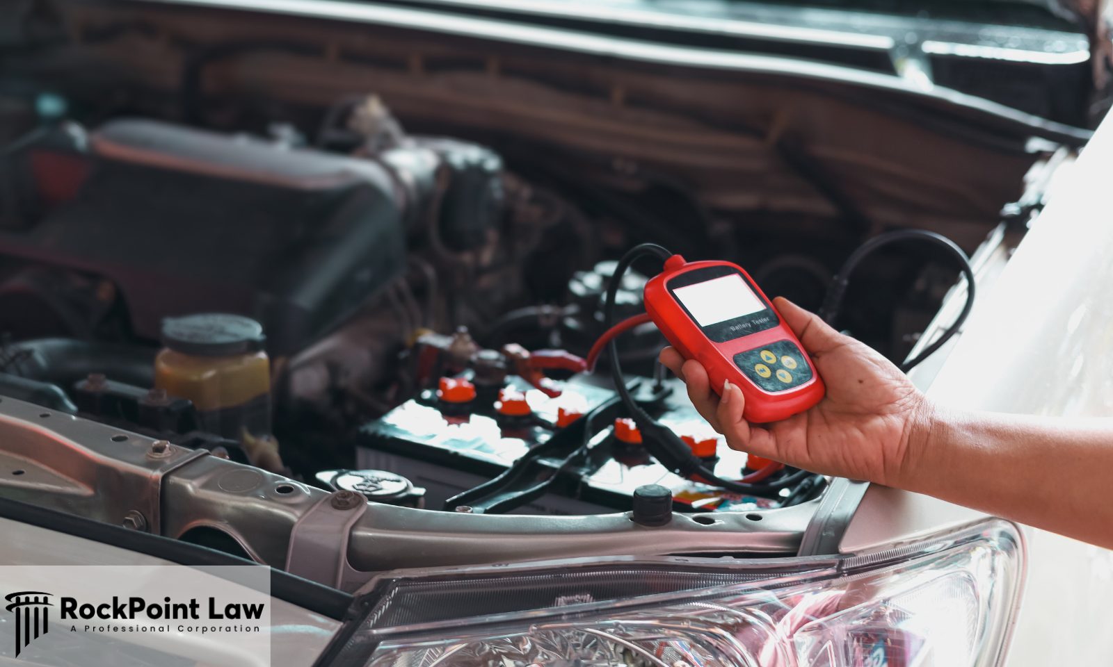 Hand holding a digital battery tester connected to a vehicle battery under an open hood