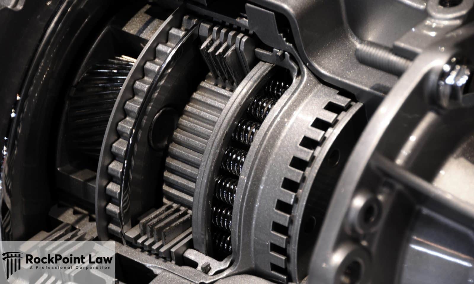 Internal components of an automatic vehicle transmission showing clutch packs and gears