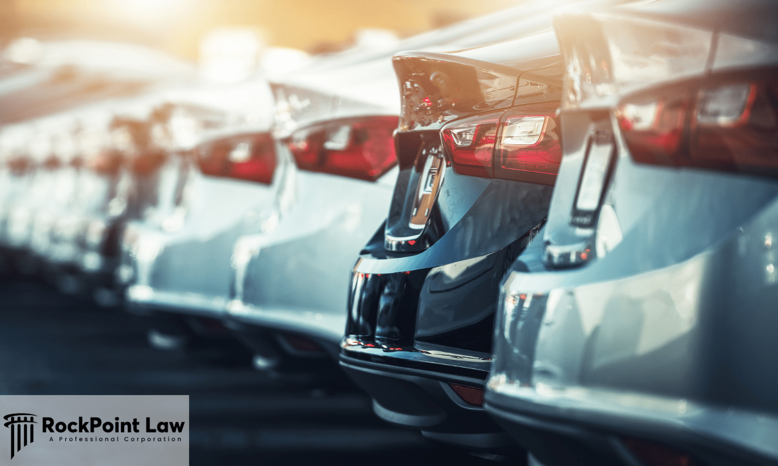 Row of new cars lined up on a dealership lot, representing what happens after you sue a car dealership