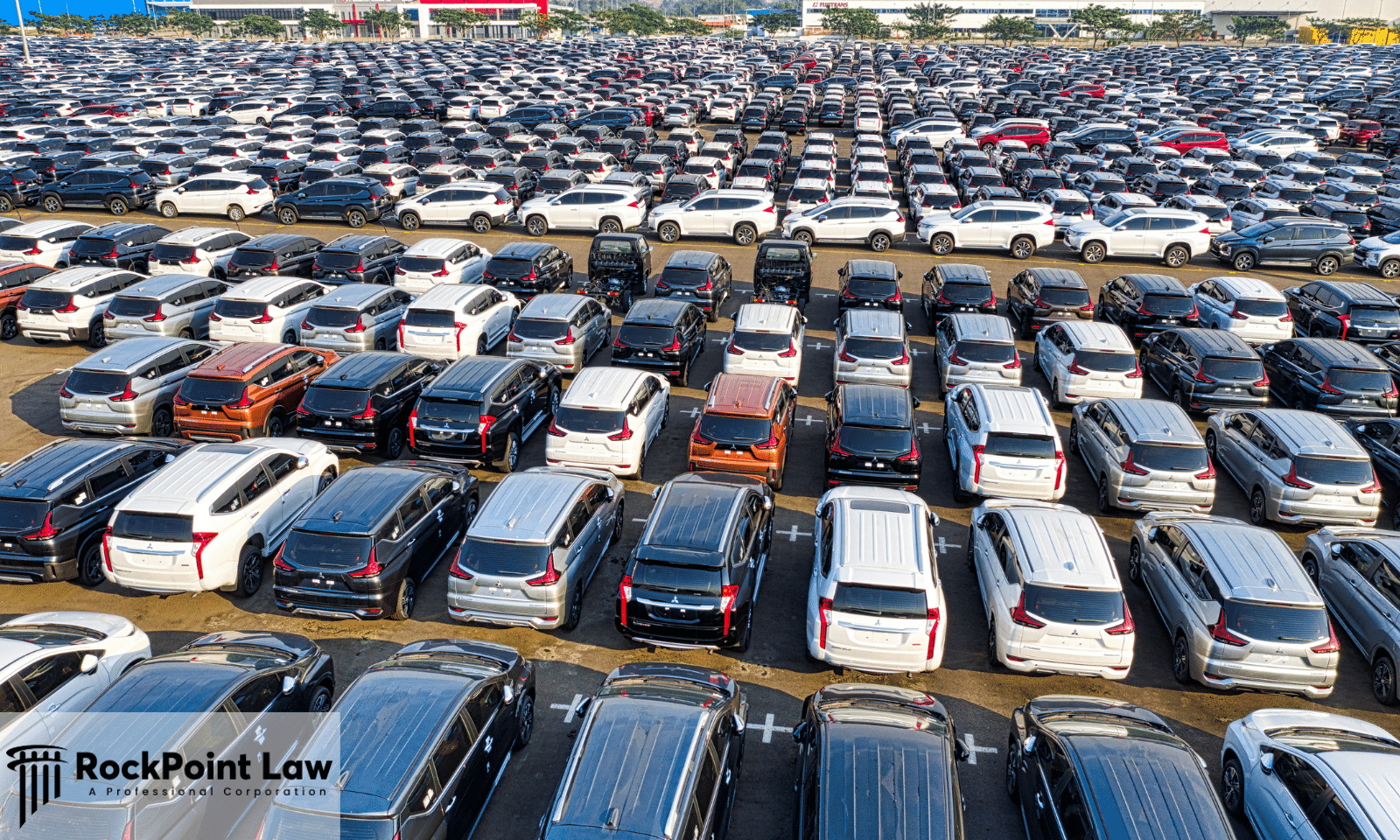 Aerial view of hundreds of new cars parked at a dealership lot, representing alternatives to suing a car dealership