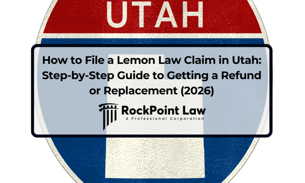How to file a lemon law claim in Utah guide by RockPoint Law, over a Utah highway sign with the state outline