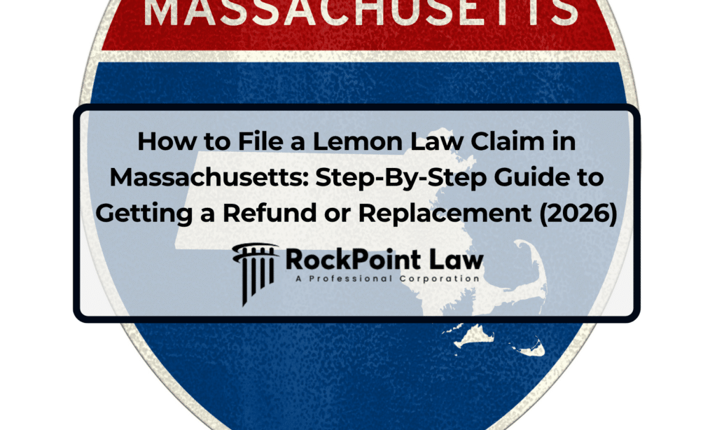 Massachusetts Lemon Law claim guide graphic featuring the state outline and title about obtaining a vehicle refund or replacement.