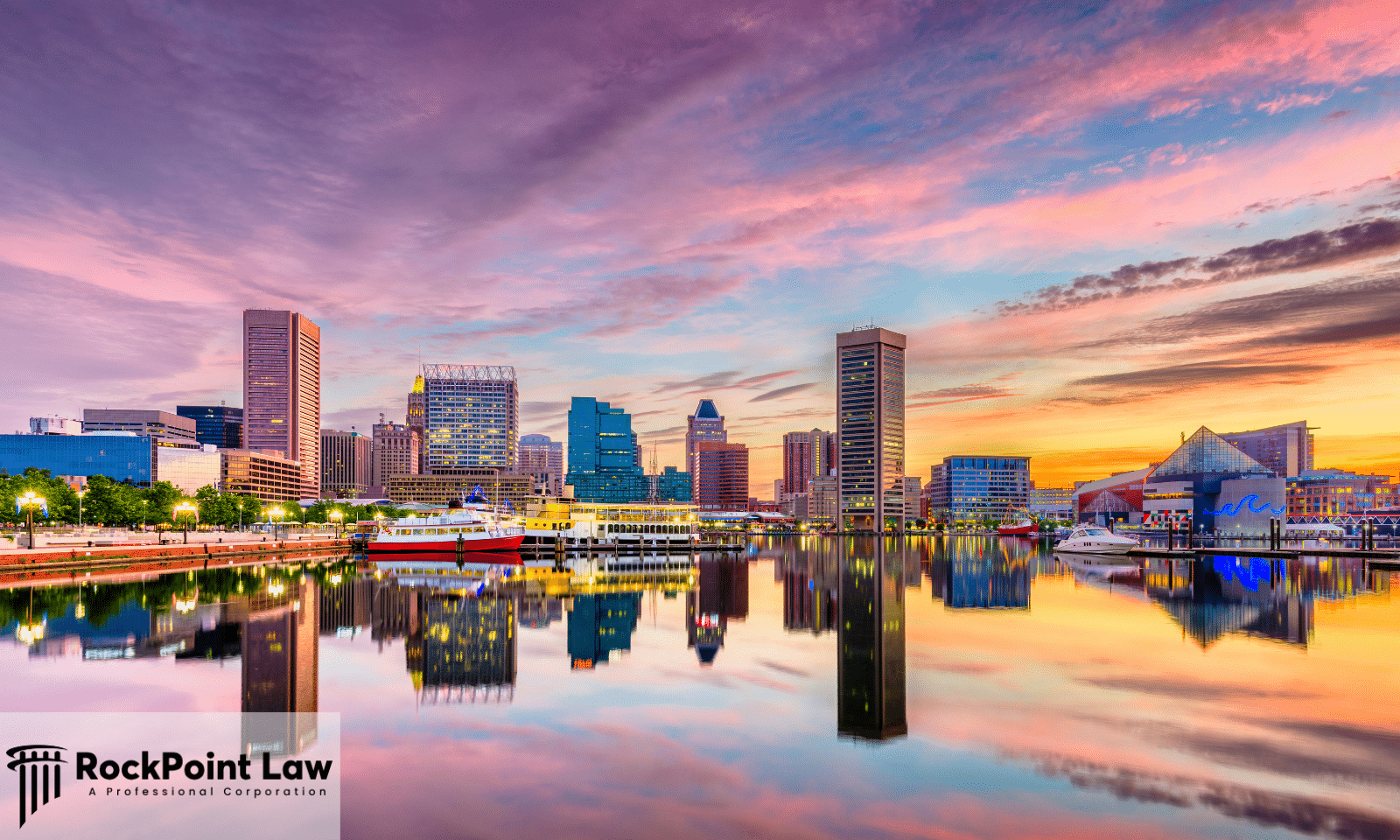 Baltimore Inner Harbor skyline at sunset representing Maryland Lemon Law and consumer protection resources.