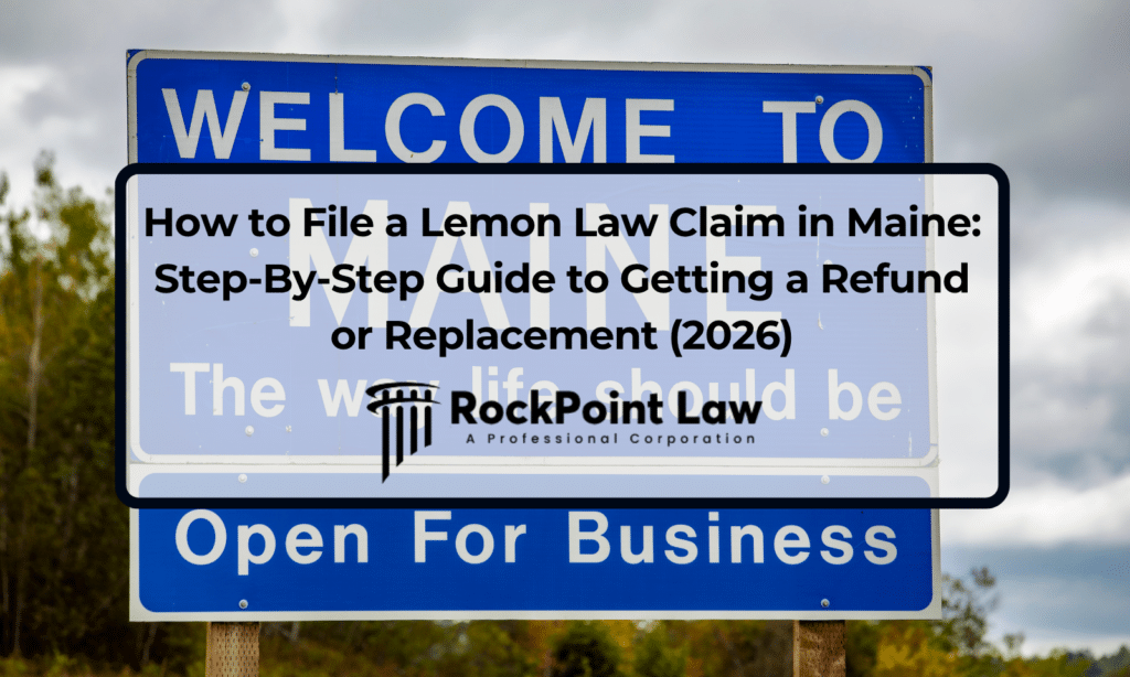 Welcome to Maine road sign with text about filing a Maine Lemon Law claim for a refund or replacement.