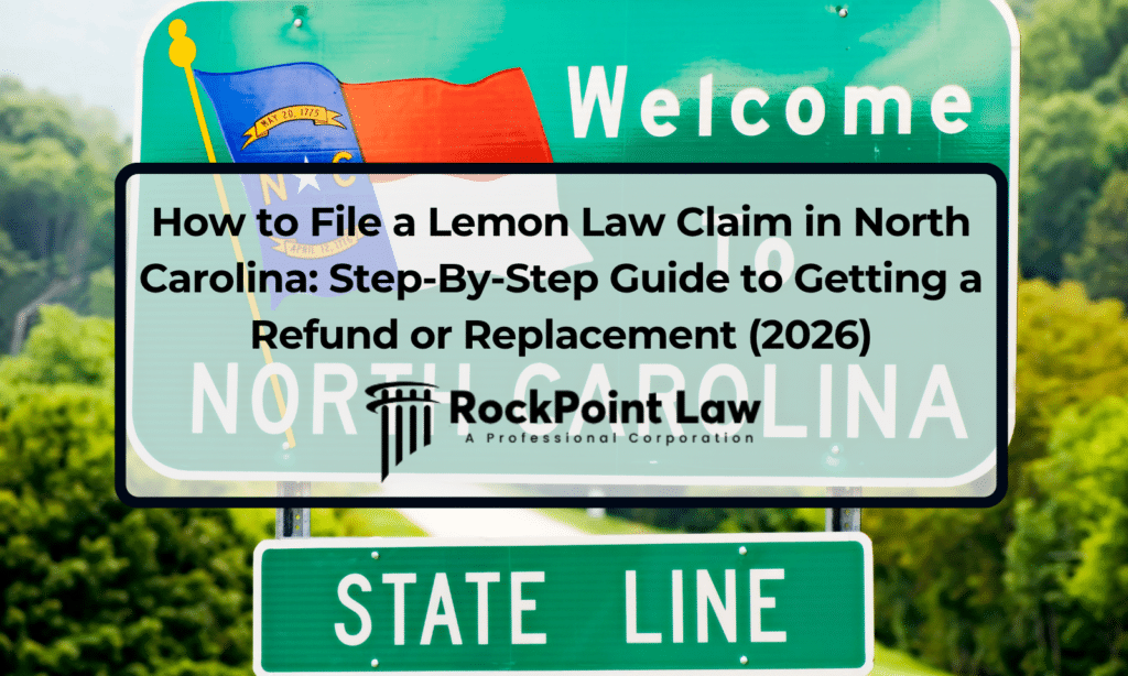 Welcome to North Carolina state line sign with the title of a step-by-step guide to filing a lemon law claim, with RockPoint Law branding.