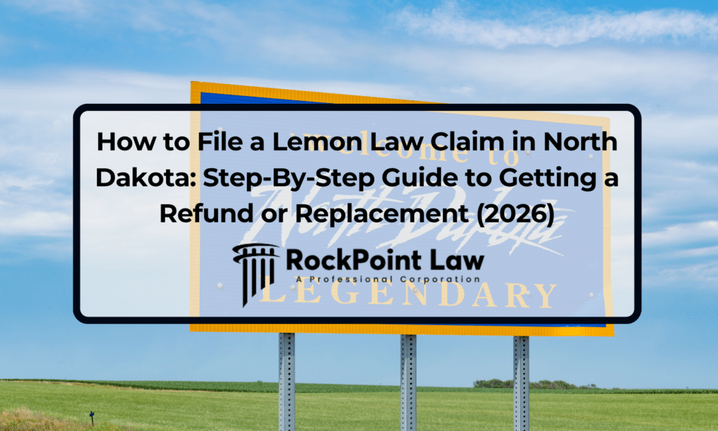 Welcome to North Dakota roadside sign with the title of a step-by-step guide to filing a lemon law claim, with RockPoint Law branding.