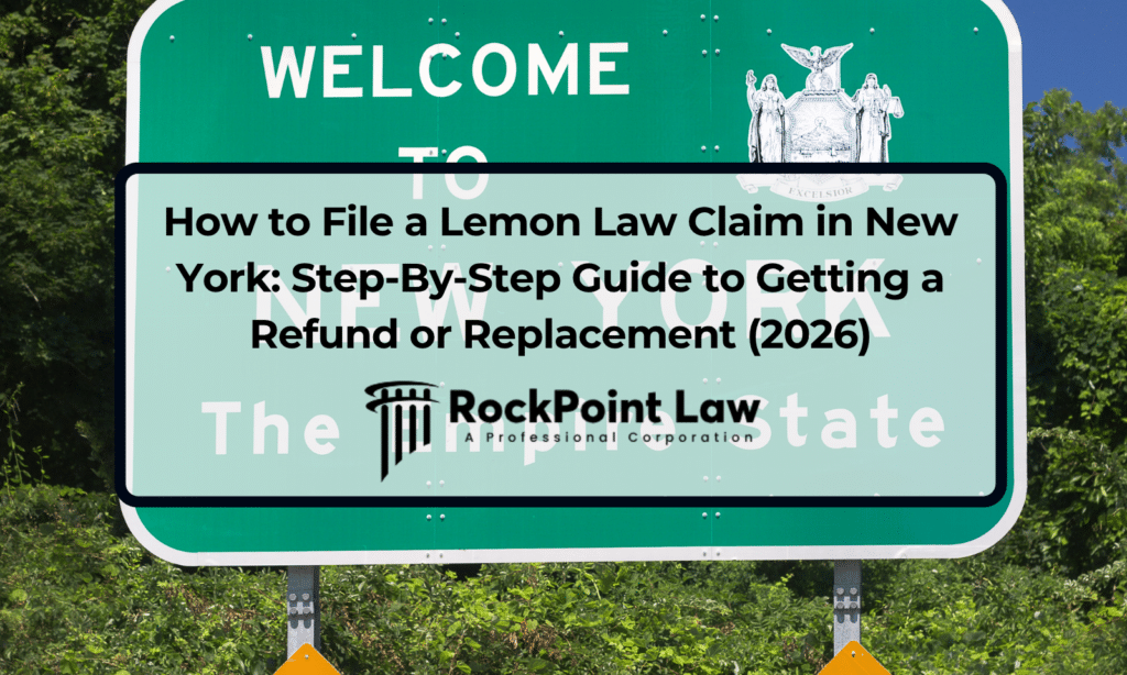 Welcome to New York road sign with the title of a step-by-step guide to filing a lemon law claim, with RockPoint Law branding.