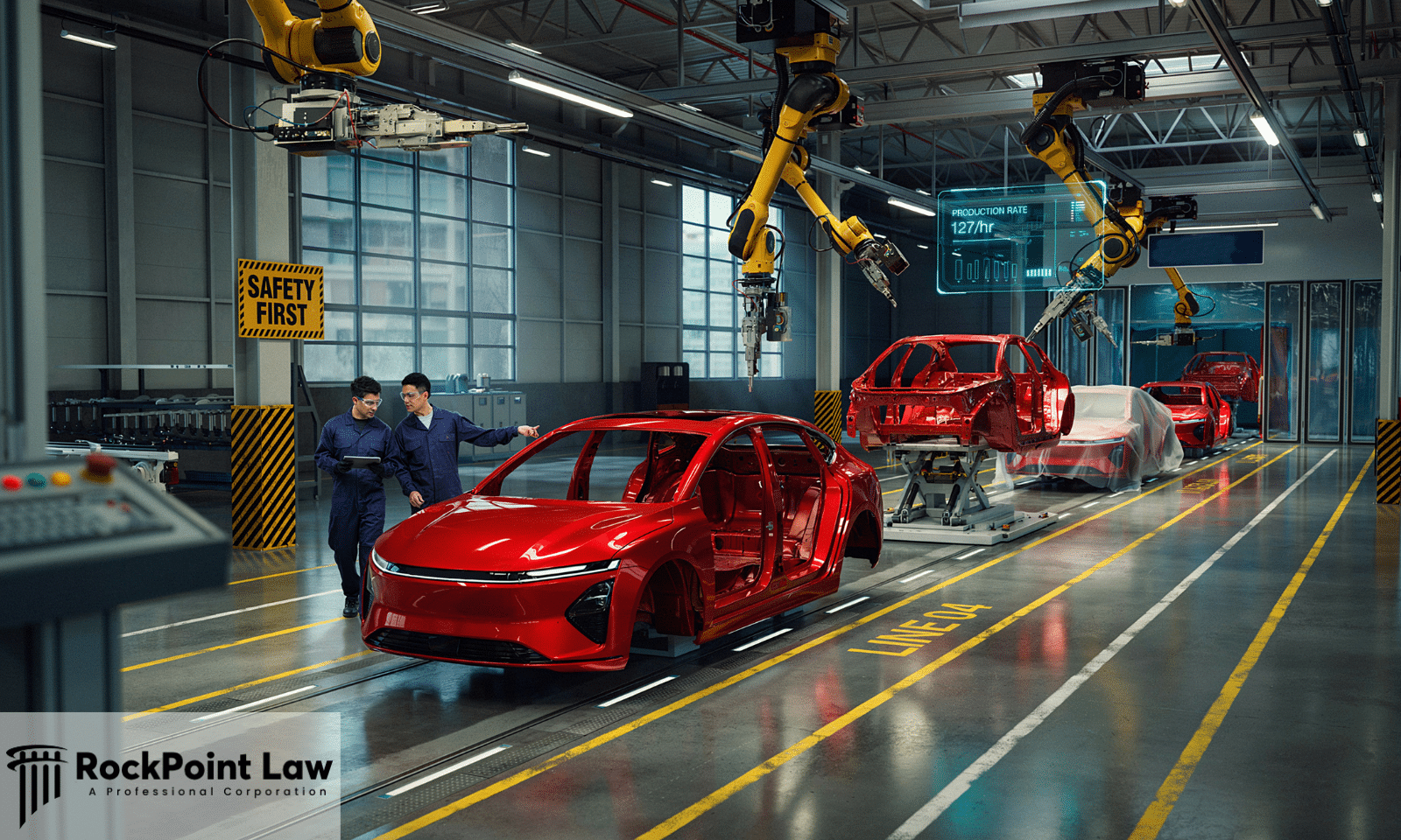 Workers and robotic arms beside a red car body on an automotive assembly line, representing the manufacturer's role in a lemon law claim.