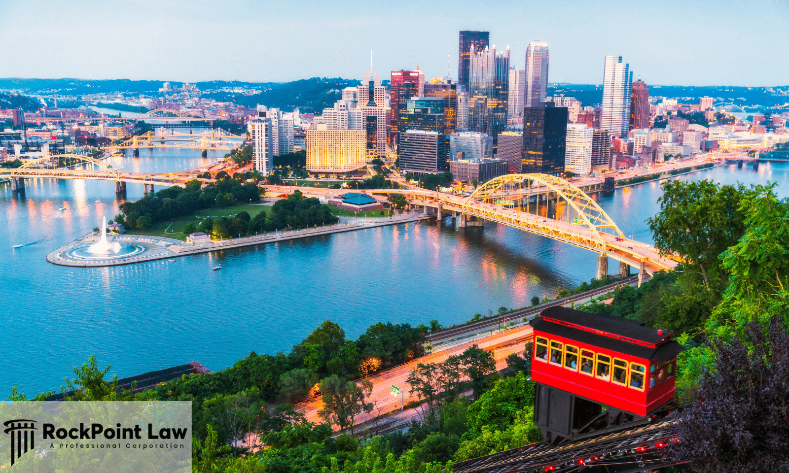 Pittsburgh skyline at dusk with the Duquesne Incline and Fort Pitt Bridge, where Pennsylvania lemon law protects new vehicle buyers