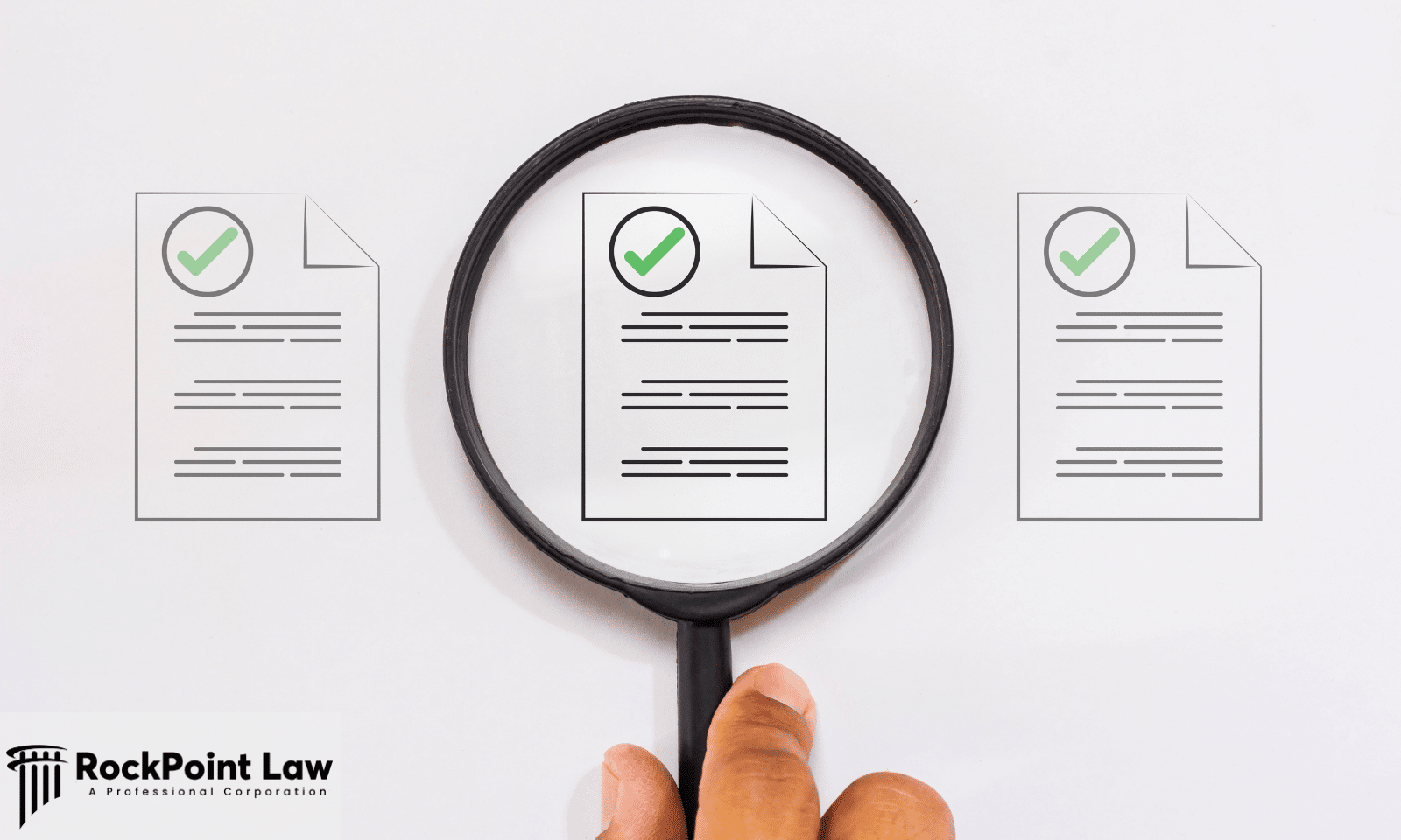 Magnifying glass over documents marked with green check marks, representing the records needed for a Rhode Island lemon law claim