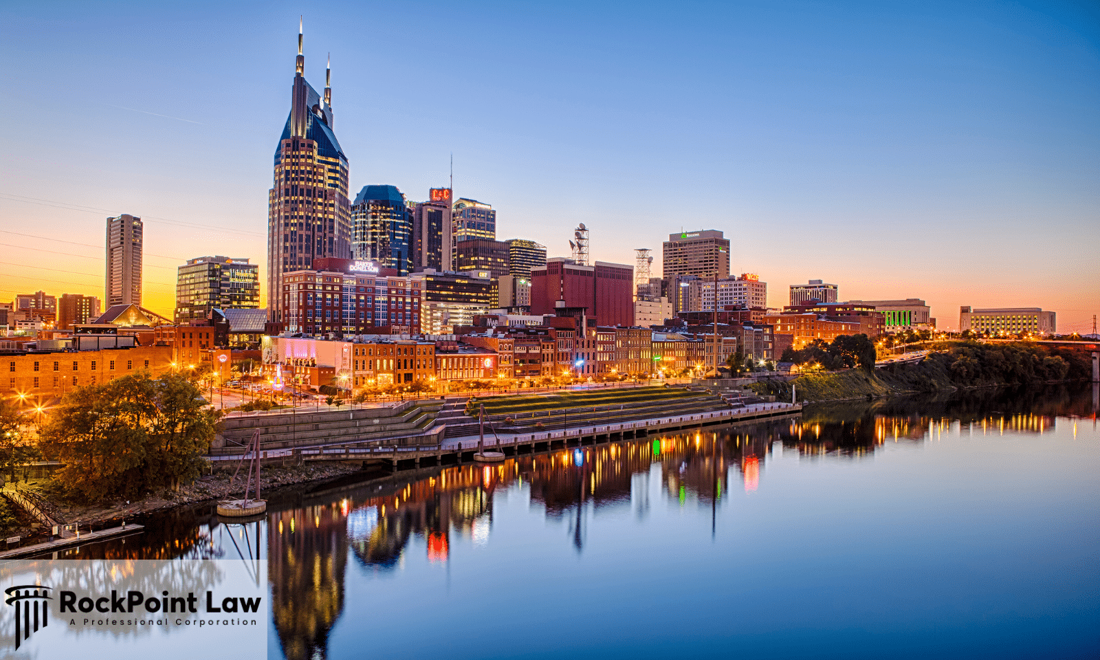 Nashville skyline at dusk reflected in the Cumberland River, representing Tennessee lemon law examples