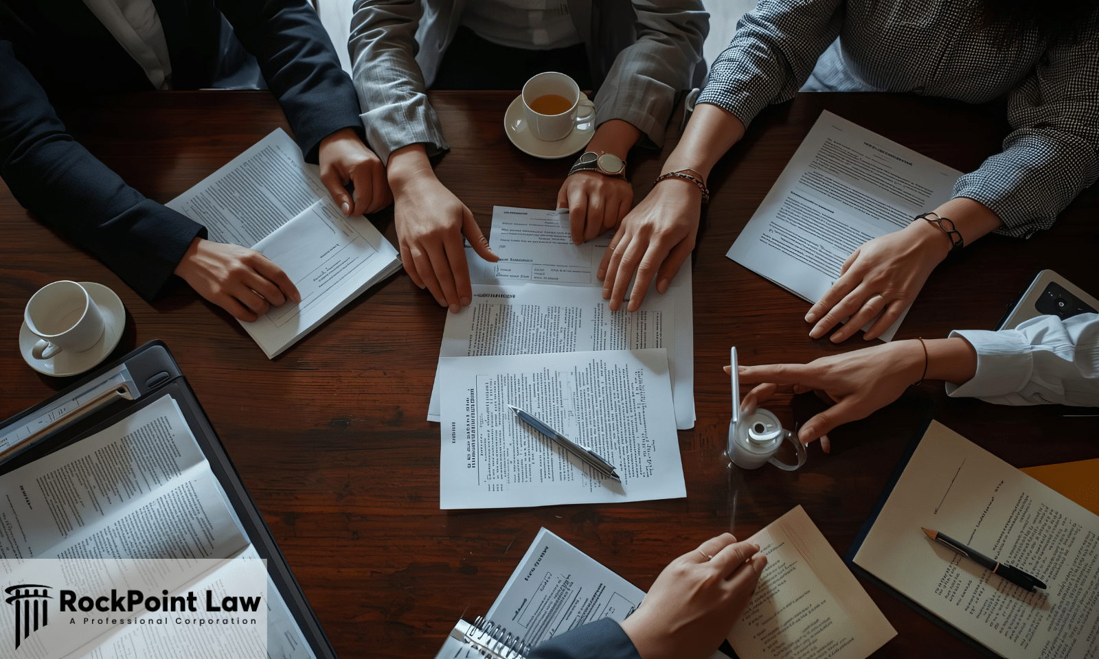 Overhead view of people reviewing paperwork around a table, representing the records needed for a Texas lemon law claim