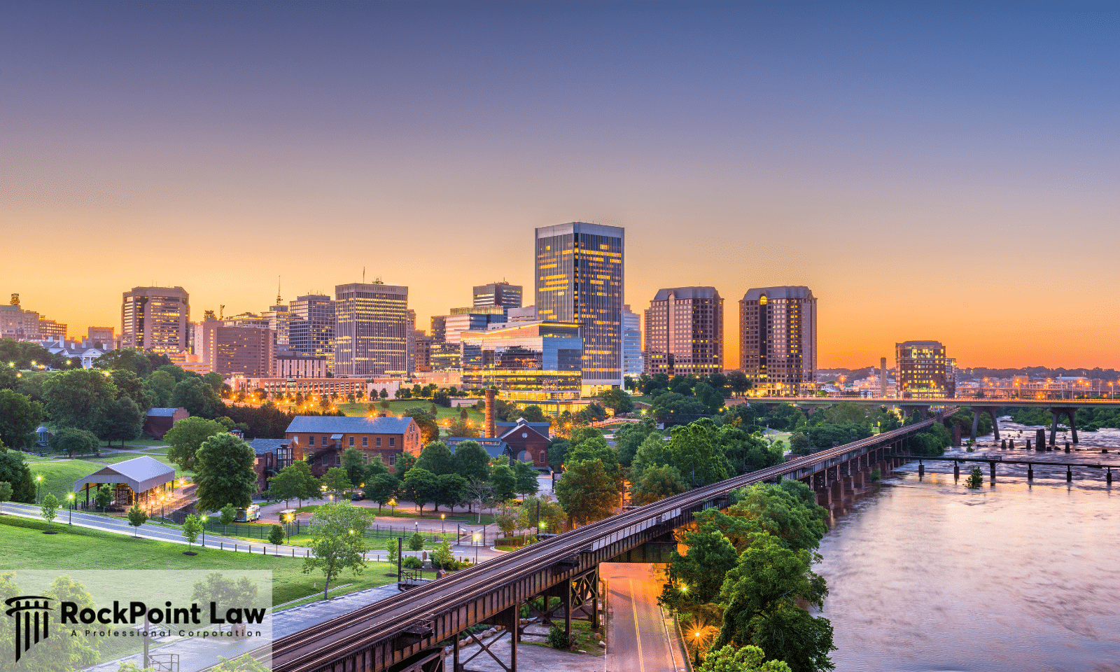Downtown Richmond, Virginia at sunset along the James River, illustrating examples of Virginia Lemon Law claims handled across the state.