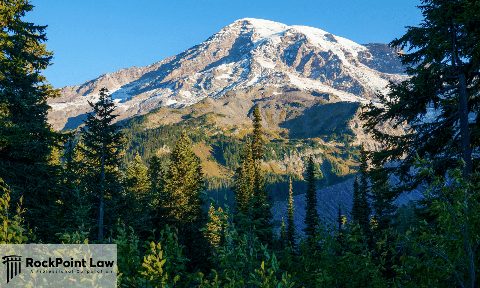 Mount Rainier rising above evergreen forest in Washington State, where Washington Lemon Law protects new vehicle owners.