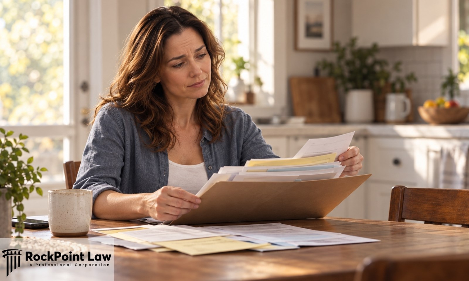 Driver reviewing repair records and paperwork at her kitchen table before getting rid of a lemon car