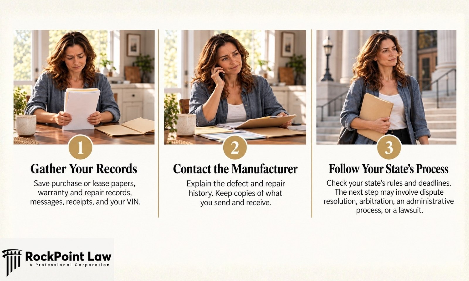 Three steps to file a lemon law claim: gather your records, contact the manufacturer, follow your state's process