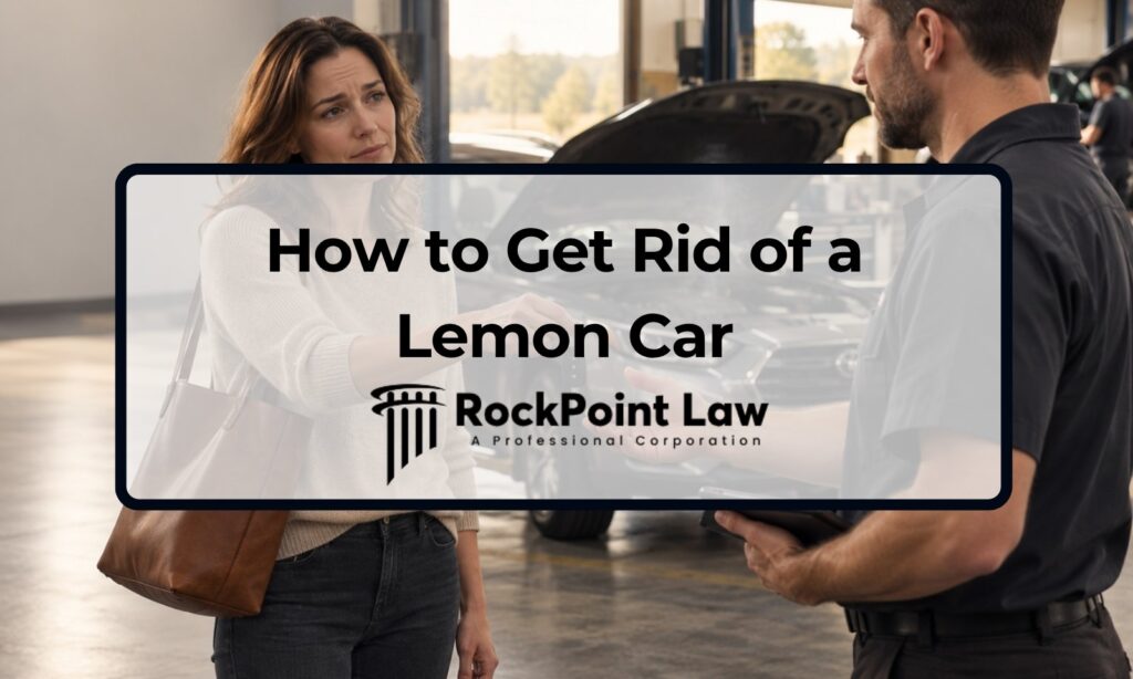 Driver handing keys to a service advisor beside an SUV with its hood up, RockPoint Law guide on getting rid of a lemon car