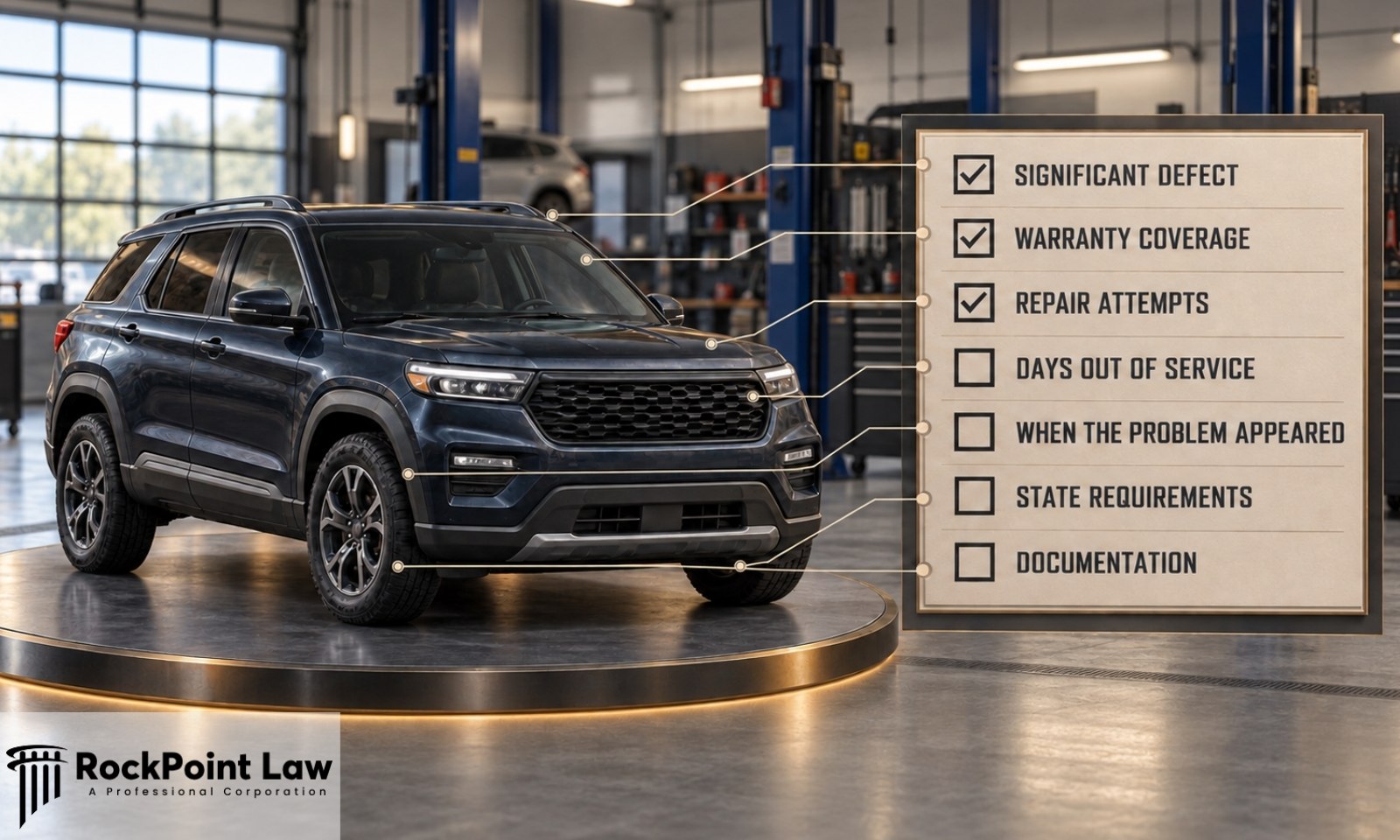 Lemon car checklist beside an SUV in a service bay: defect, warranty, repair attempts, days out of service, documentation