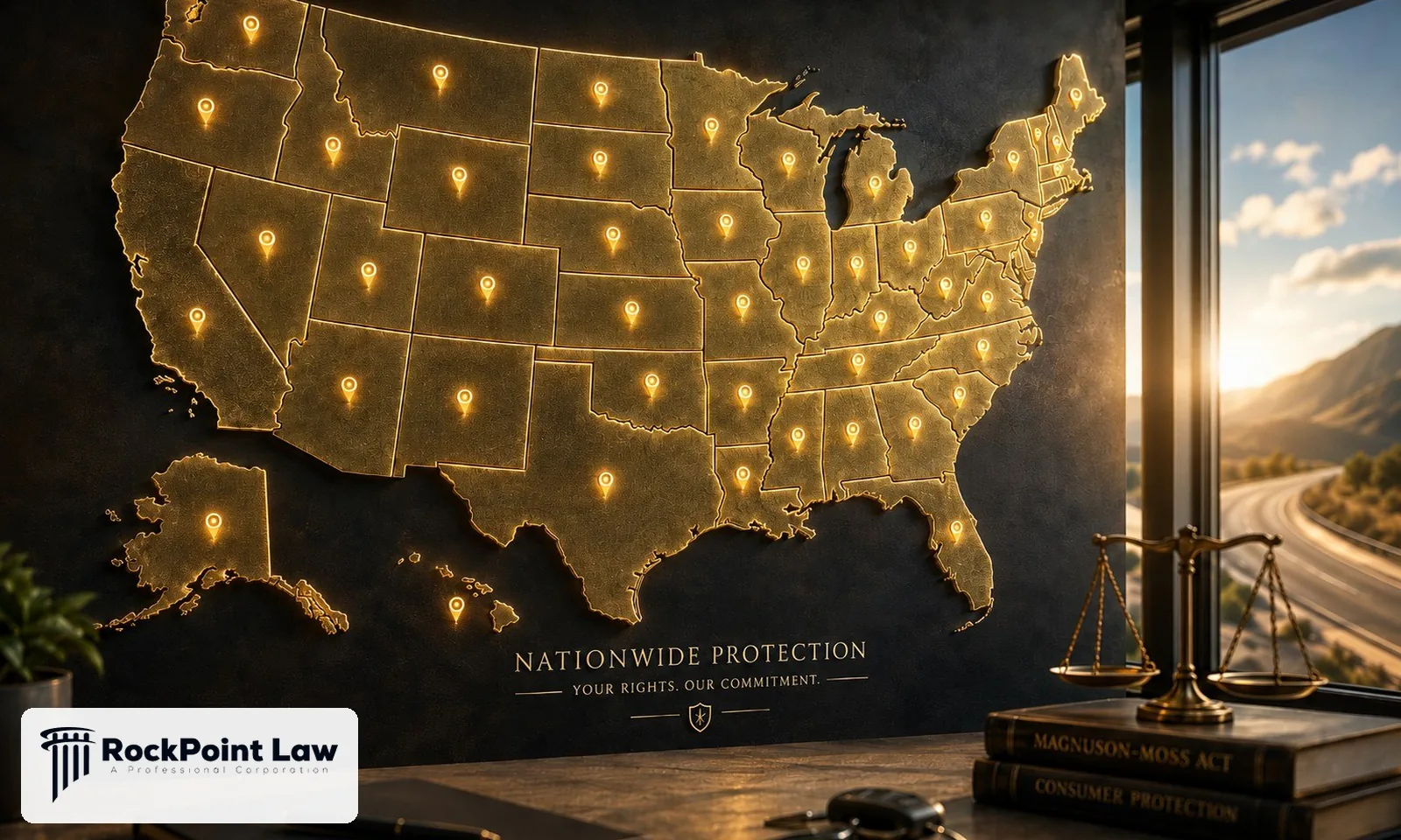 Illuminated map of the United States with glowing location pins across all states including California under the heading Nationwide Protection, next to law books on the Magnuson-Moss Act and consumer protection.
