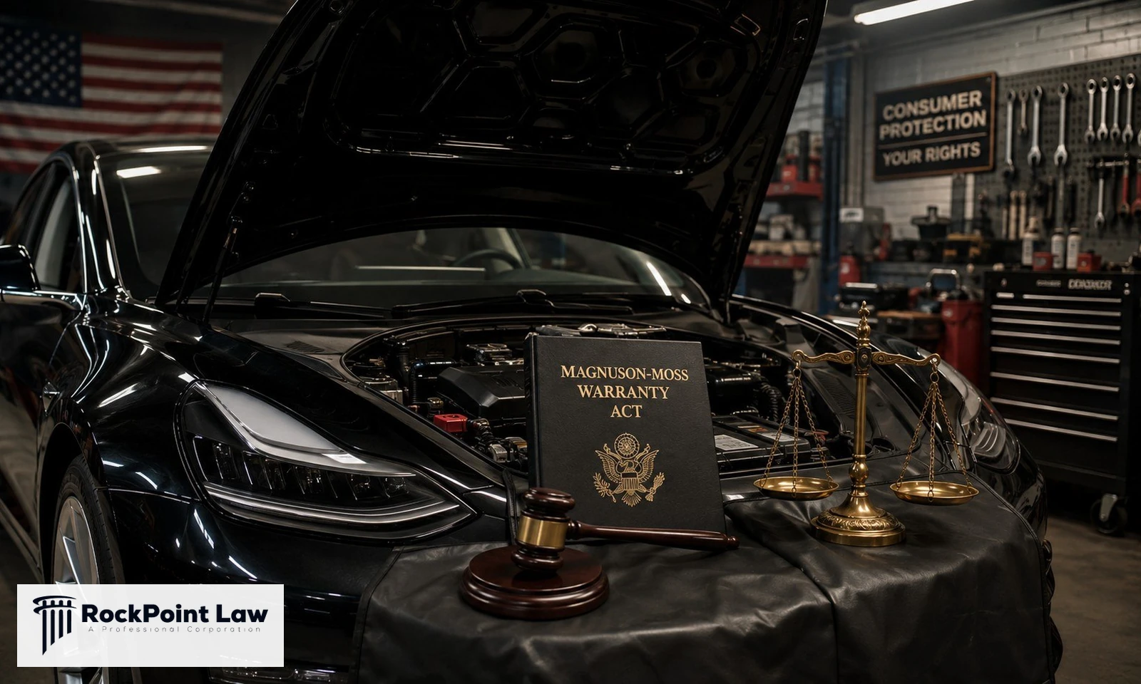 A book titled Magnuson-Moss Warranty Act with a gavel and scales of justice resting on a car in a garage, beside a Consumer Protection Your Rights sign.