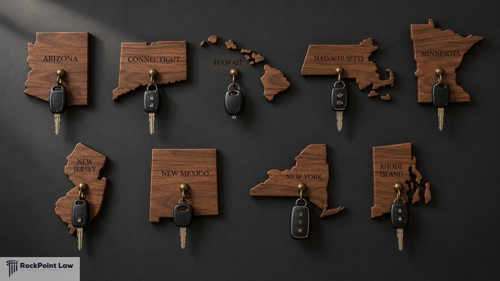 Wood cutouts of the nine U.S. states with used-car lemon-law protections, each with a car key