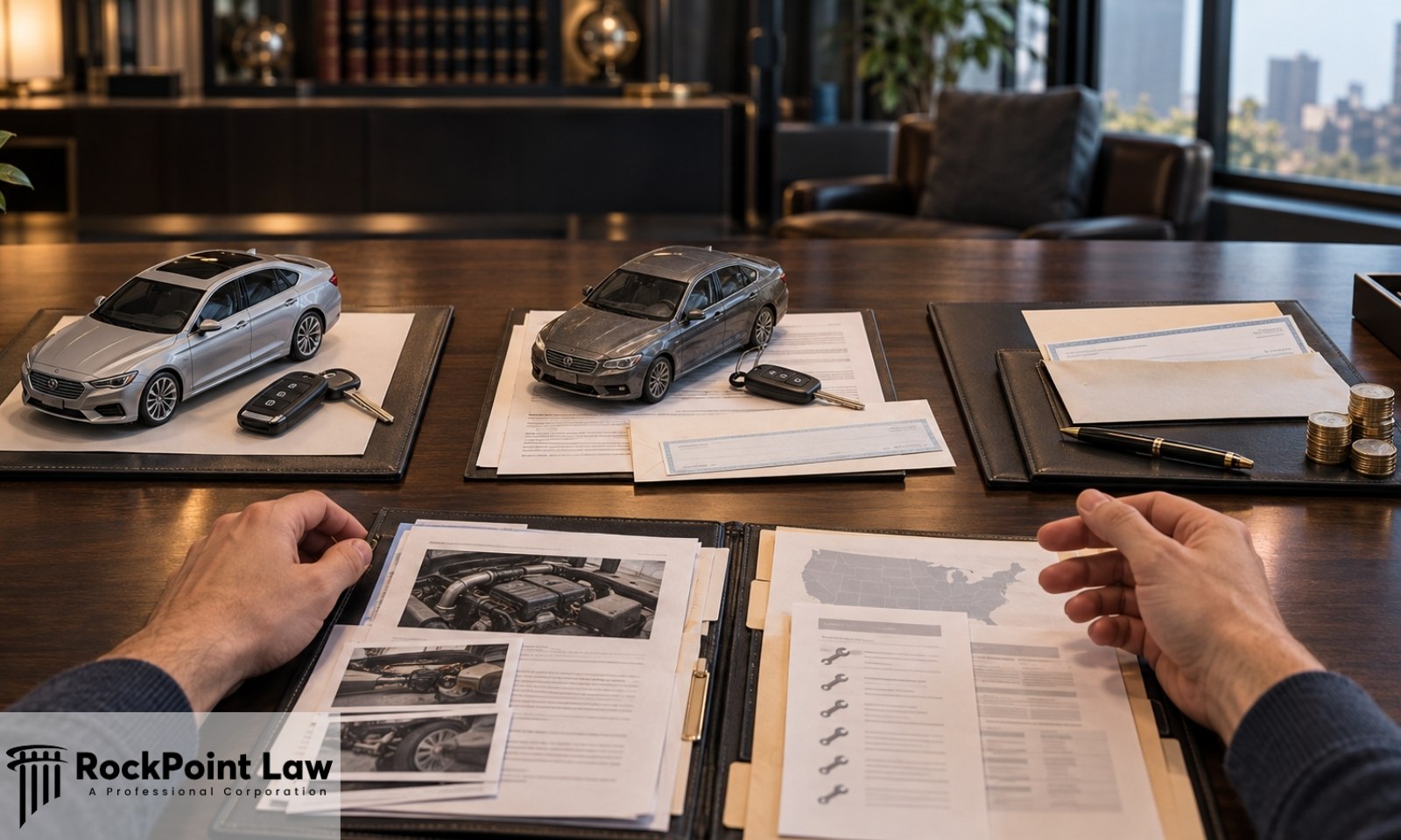 Lemon law remedies on an attorney's desk: replacement car, buyback with check, cash settlement, and repair records