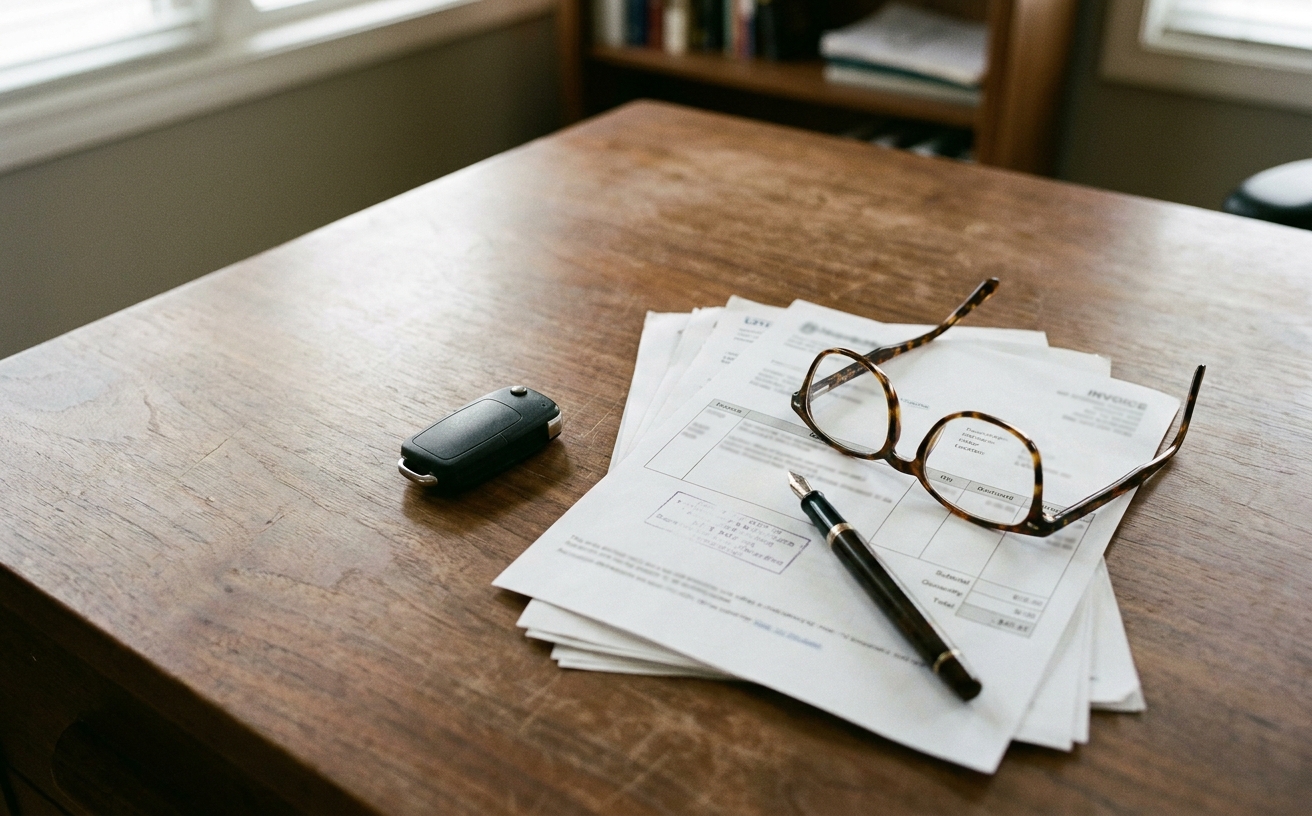 Car key fob beside a stack of repair invoices, standing for the repurchase and replacement remedies an Arlington, Texas driver can pursue under the Texas Lemon Law