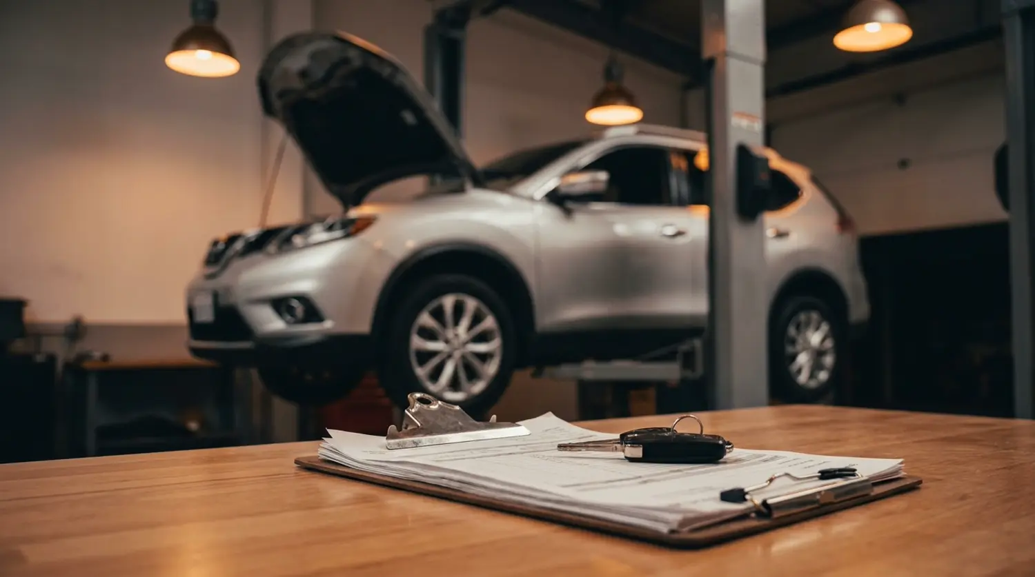 A silver SUV raised on a service lift in a repair shop, with repair paperwork and a key on the counter