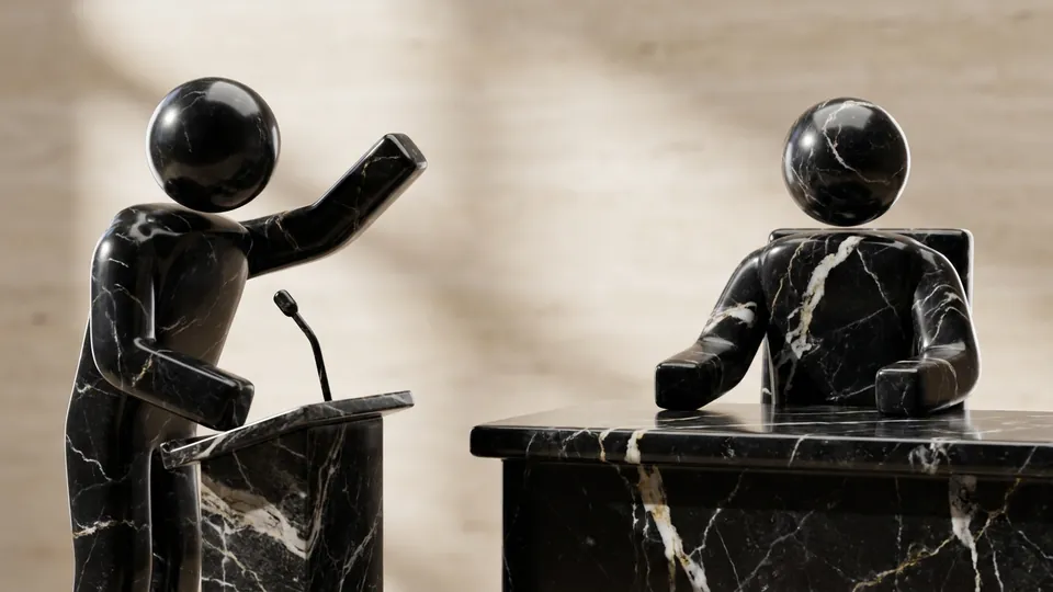 Three sculpted marble figures seated as a panel, the way the Florida New Motor Vehicle Arbitration Board hears a lemon law dispute